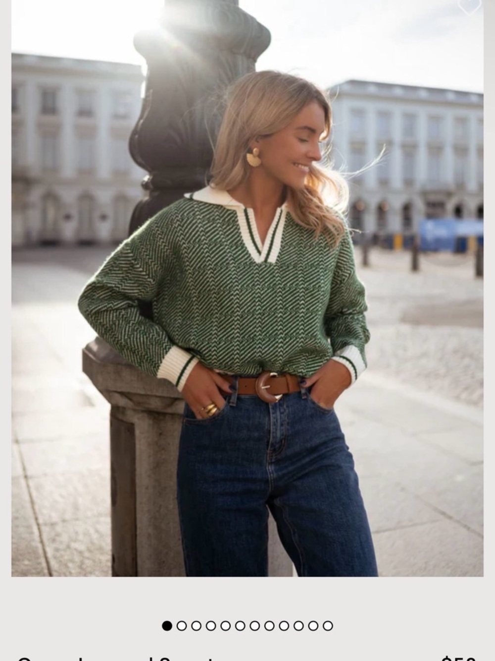 Easy Clothes Green and Cream V‑Neck Collared Pullover